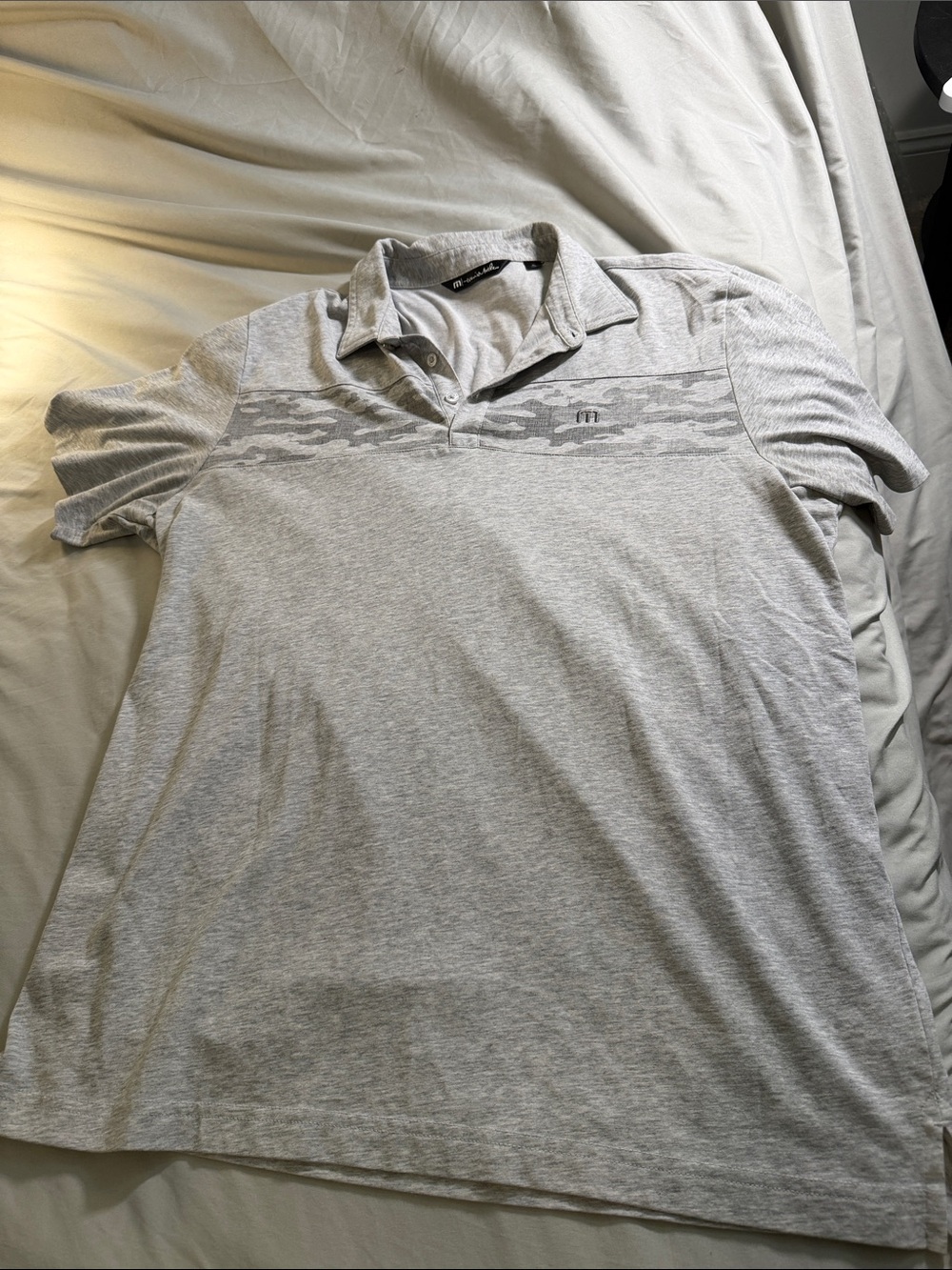 Travis Mathew Light Gray Polo with Subtle Camo Chest Stripe